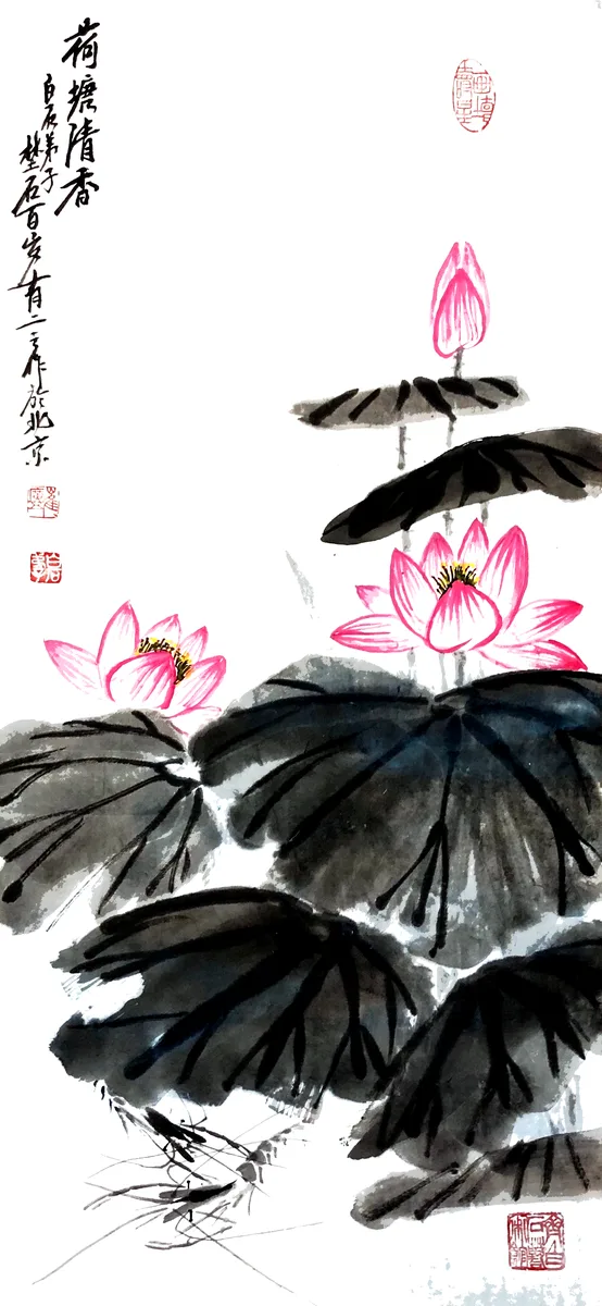 Fragrance of the Lotus Pond — lotus flowers with shrimp