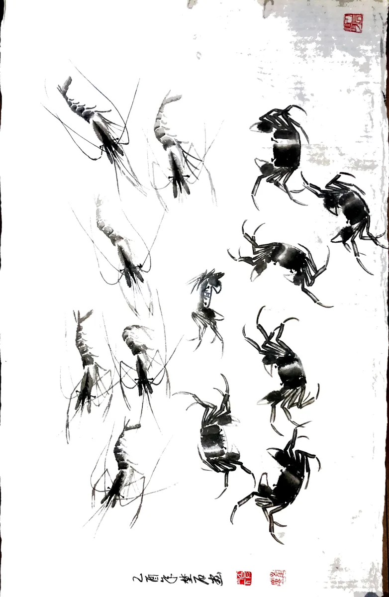 Shrimp and Crabs — ink on rice paper