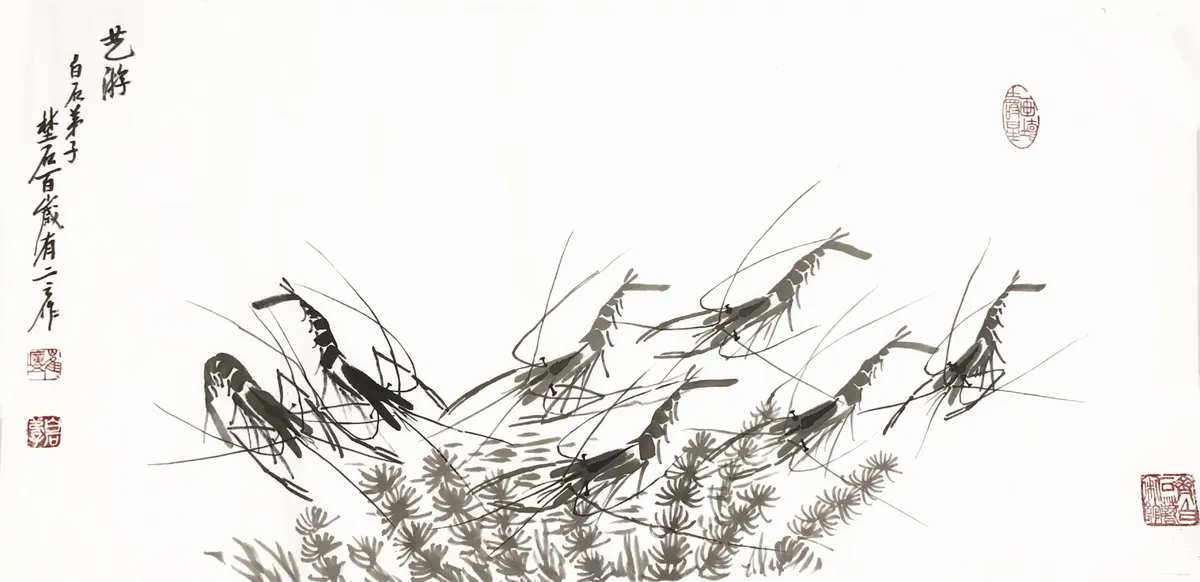 Shrimp among Aquatic Plants — ink on paper